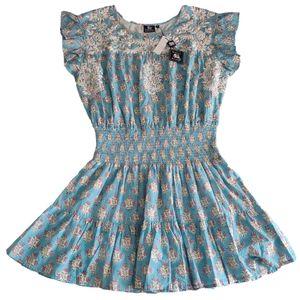 Madison Mathews XXL Floral Stitched Blue Smocked 100% Cotton Mini Dress